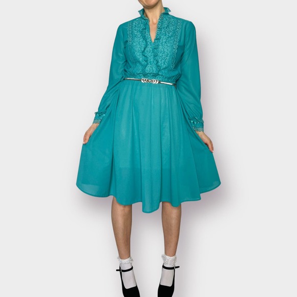 Vintage Dresses & Skirts - 80s Jane Baar Teal Day Dress with‎ Lace Trim